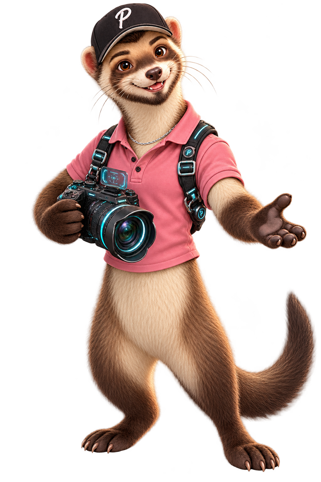 Pip, a friendly ferret photographer in a black P cap and pink polo, holding his camera.
